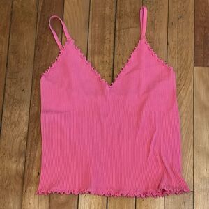 Ambiance Women’s Light Coral Pink Frilled Edge Crop Spaghetti Strap Tank Top M/L